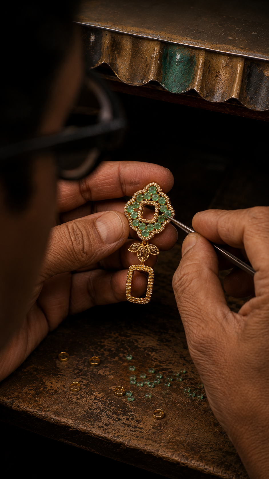 Handcrafted emerald and diamond earrings